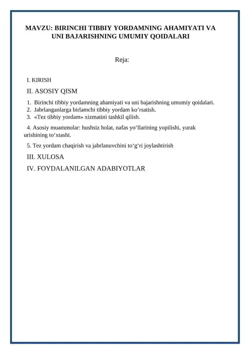 BIRINCHI TIBBIY YORDAMNING AHAMIYATI VA UNI BAJARISHNING UMUMIY QOIDALARI 2
