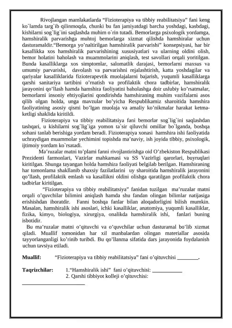 Fizioterapiya va tibbiy reabilitatsiya USLUBIY 2