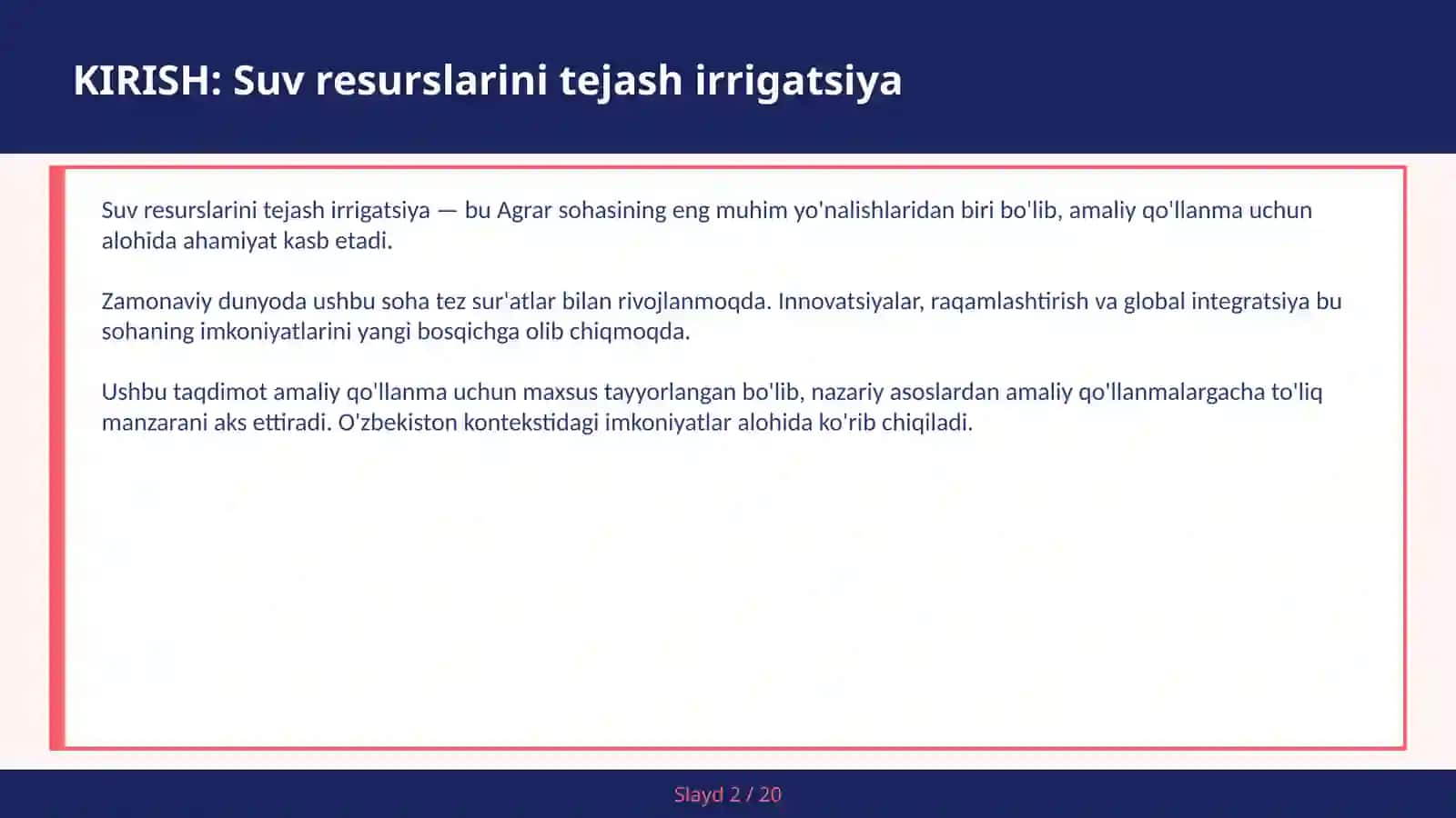 Suv resurslarini tejash irrigatsiya 2