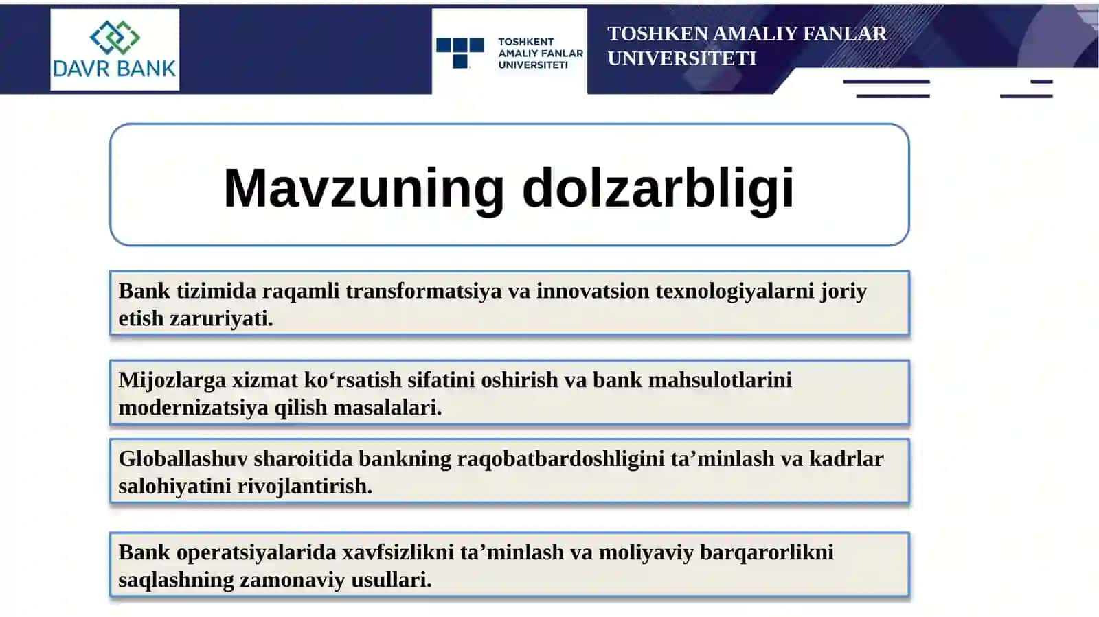 DAVR BANKDA MALAKAVIY AMALIYOT HISOBOTI 2