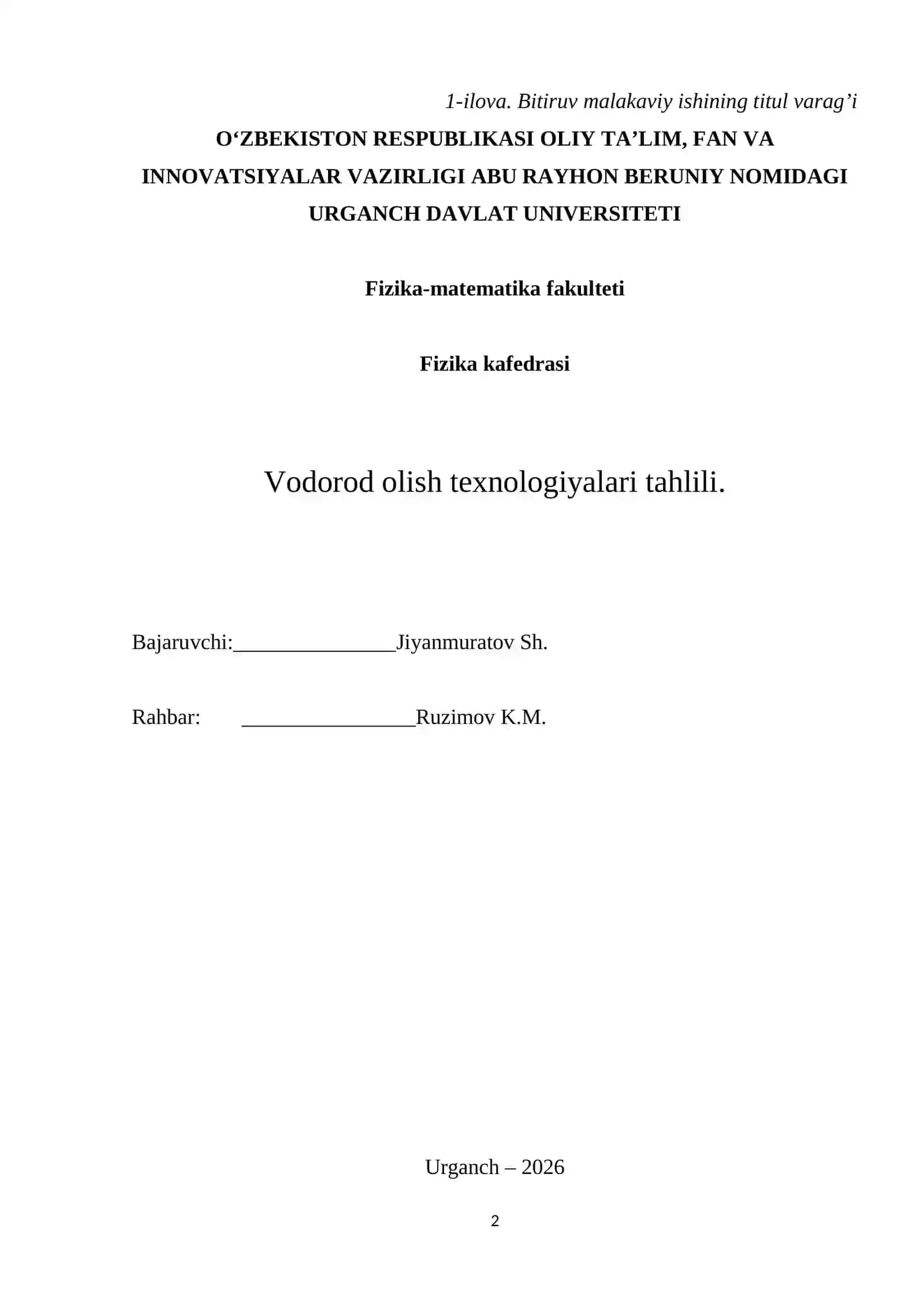 Vodorod olish texnologiyalari tahlili 2