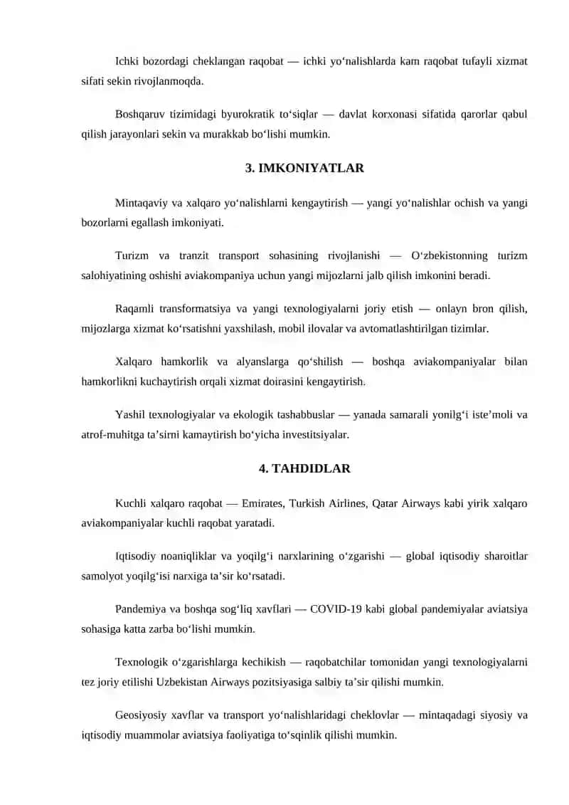 Uzbekistan Airways SWOT tahlili 2