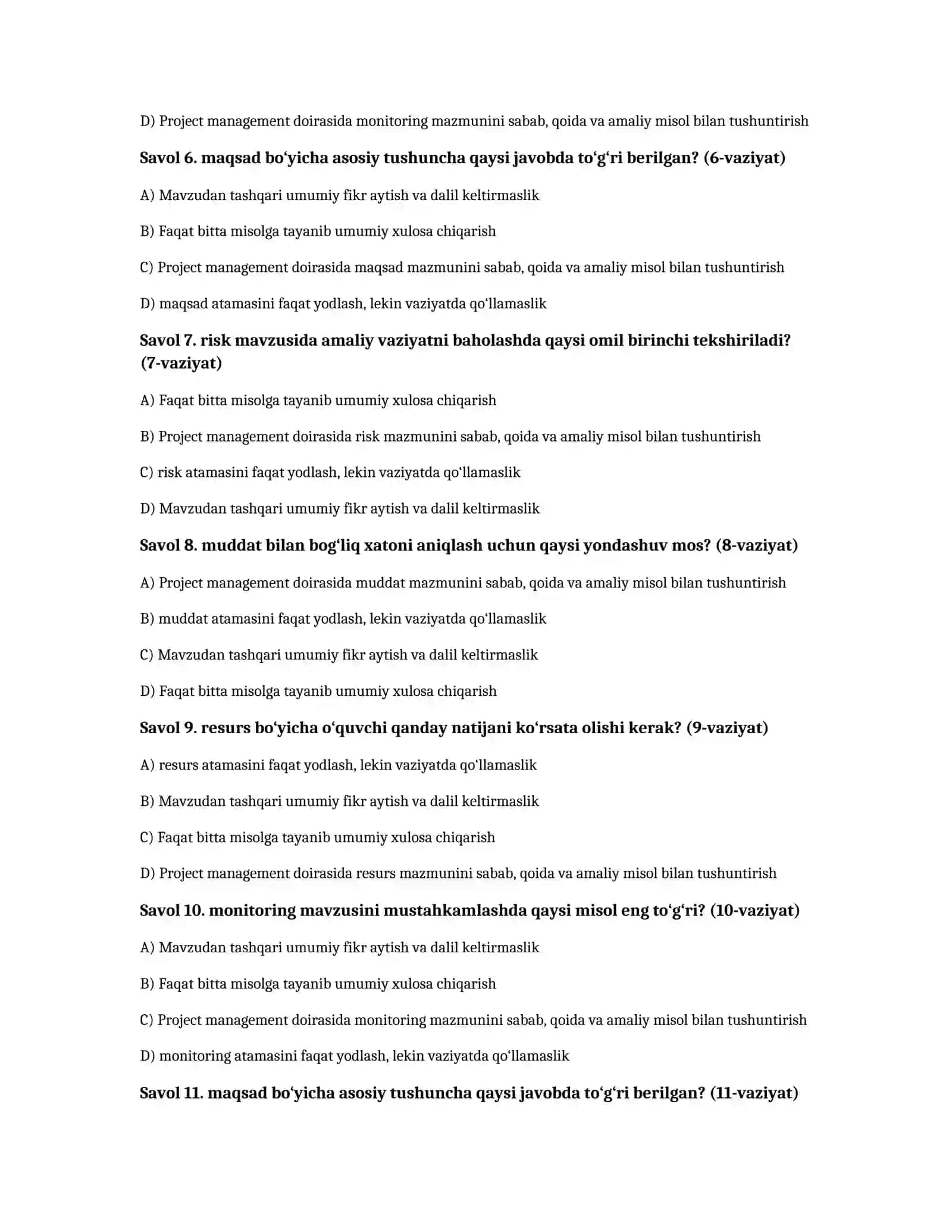 Loyiha boshqaruvi asoslari — 100 test 2