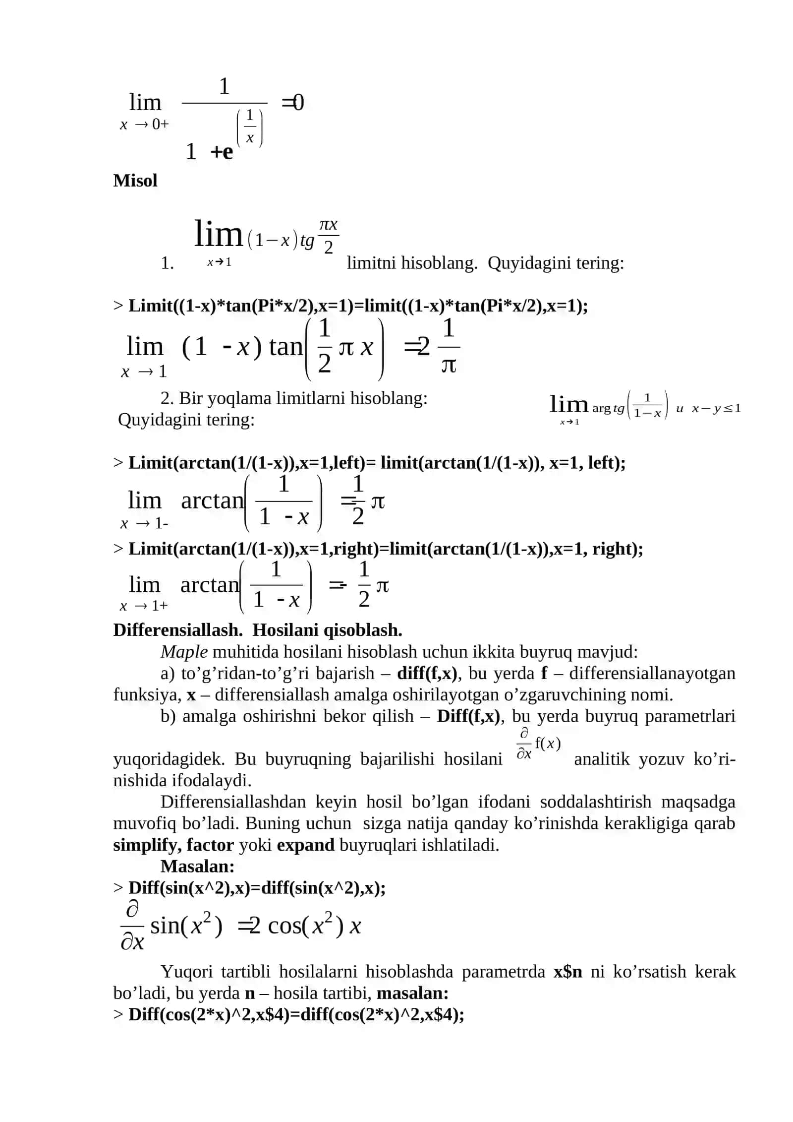 MAPLEDA MATEMATIK ANALIZ AMALIYOTI 2