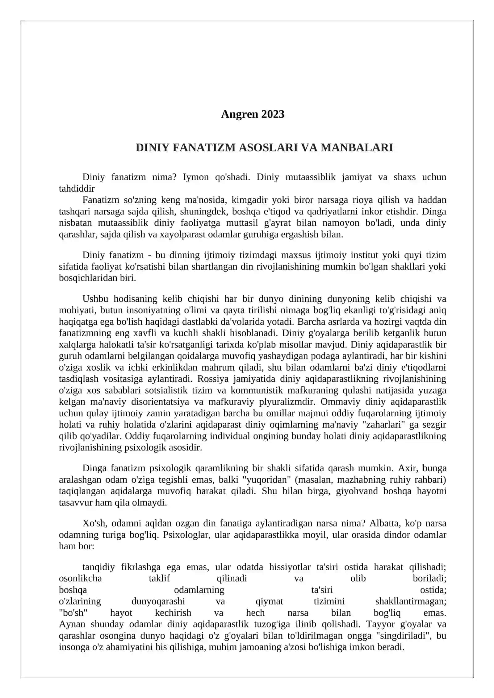 Diniy Fanatizmning Asoslari va Manbalari 2