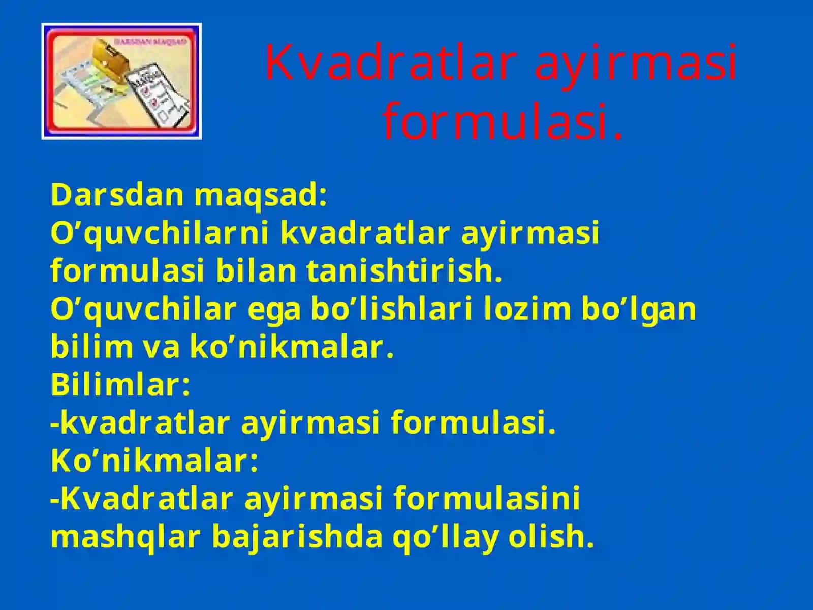 Kvadratlar ayirmasi formulasi 2