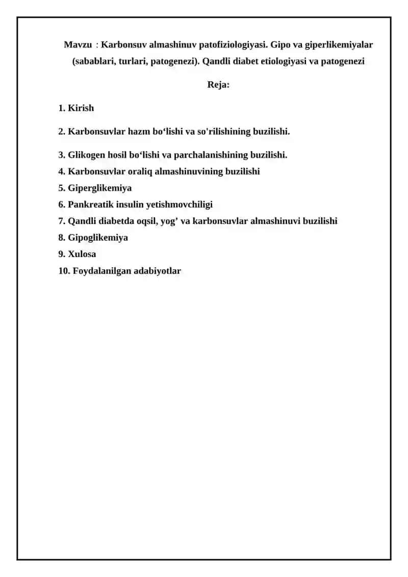 Karbonsuv almashinuv patofiziologiyasi. 2
