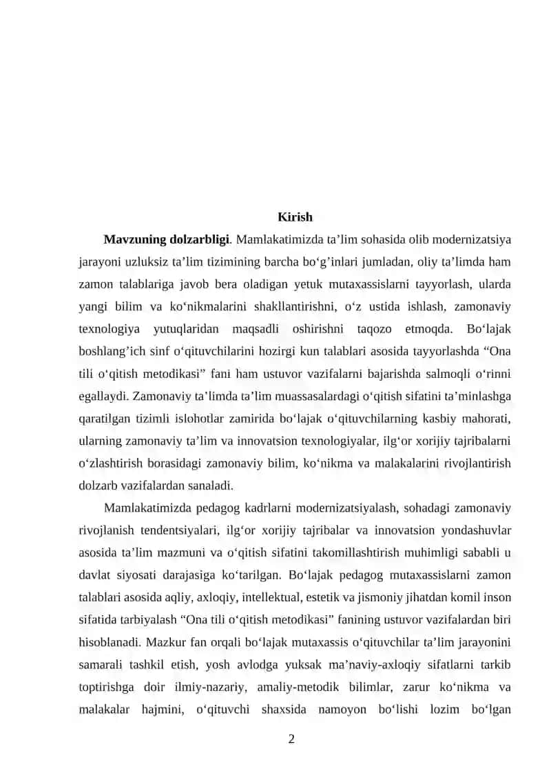 ONA TILI O’QITISH METODIKASI DARS MASHG’ULOTLARIDA O’QUVCHILARNING O’QIB, ESHITIB TUSGUNISH, OG’ZAKI VA YOZMA NUTQ MALAKASINI SHAKLLANTIRISH 2