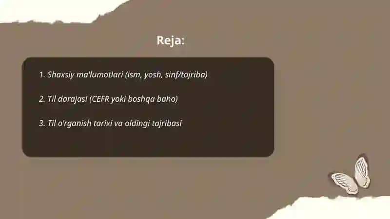 Chet tili o'rganuvchisi haqidagi batafsil yozma hisobot 2