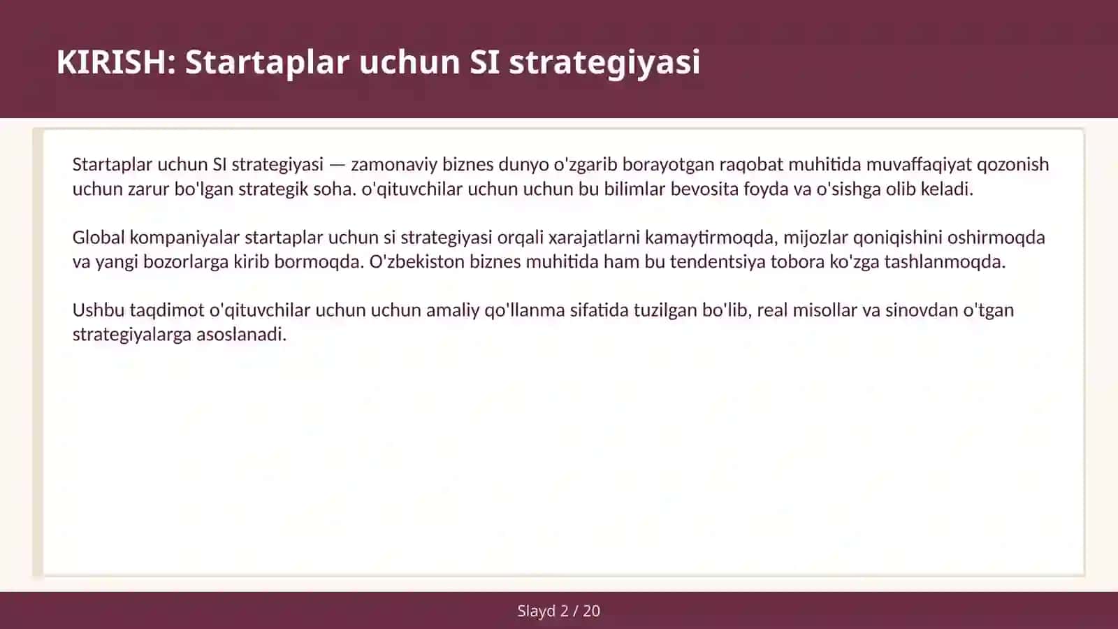 Startaplar uchun SI strategiyasi 2
