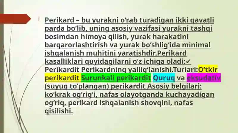 PERIKARD KASALLIKLARI. YURAK O‘SMALARI.YURAKTRANSPLANTATSIYALARI. 2