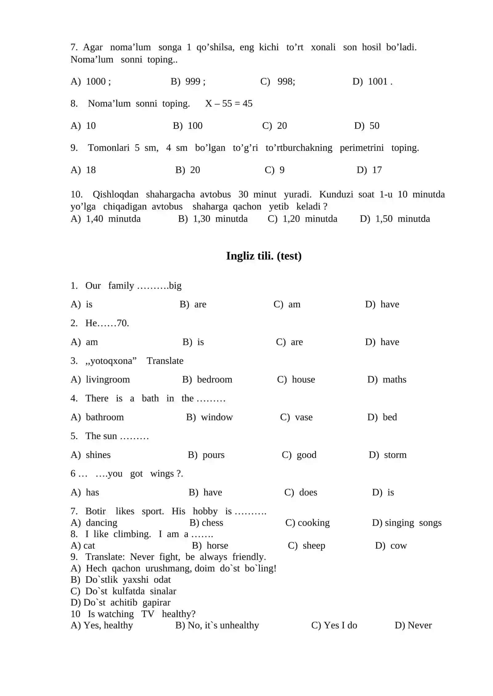 3-sinf. 3-sinf Ona tili va oqish Matematika Xorijiy til Blok test 2