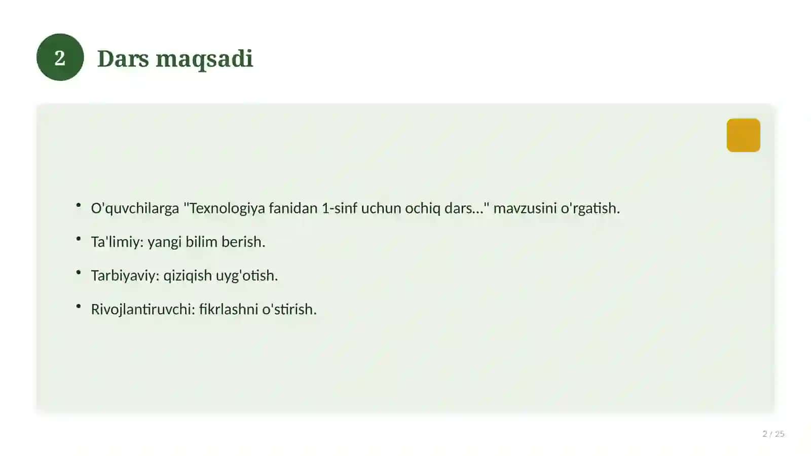 Texnologiya fanidan 1-sinf uchun ochiq dars ishlanmasi 2