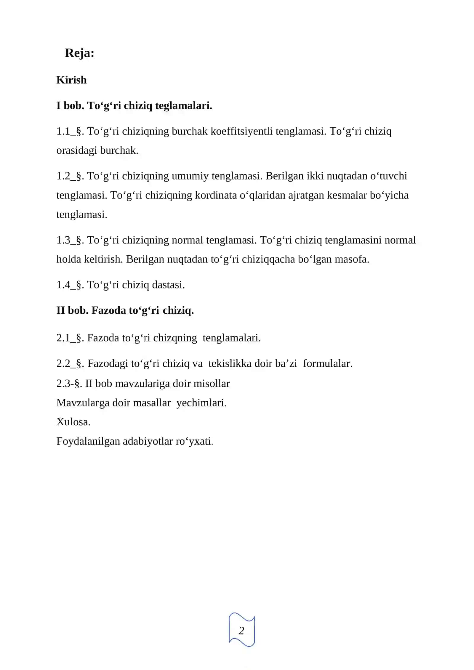TEKISLIKDA TO‘G‘RI CHIZIQNING TURLI TENGLAMALARI 2
