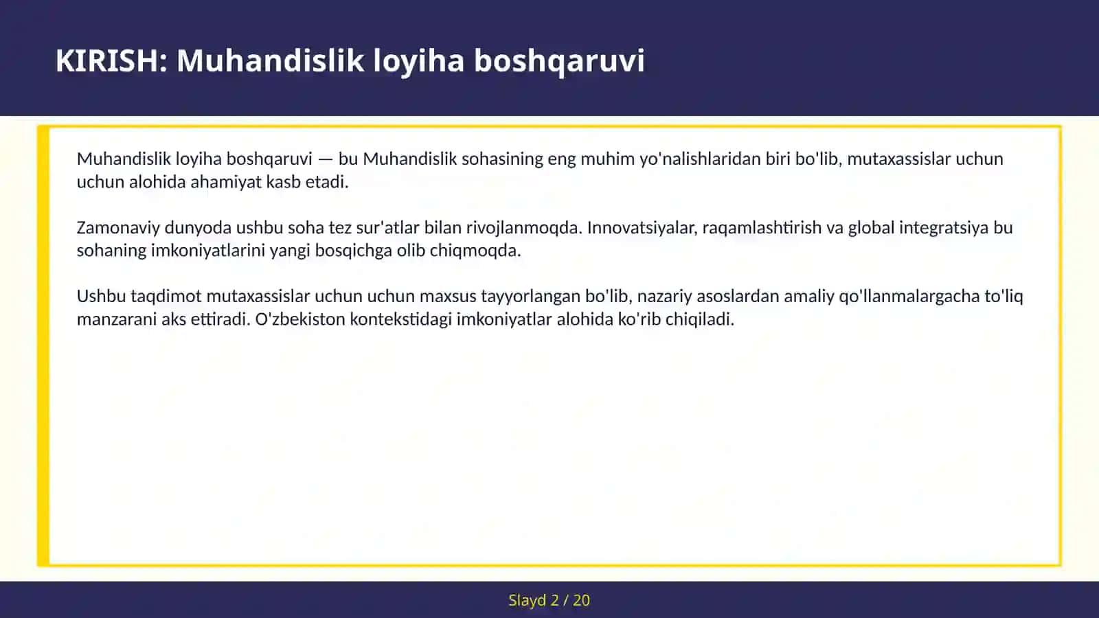 MUHANDISLIK LOYIHA BOSHQARUVI 2