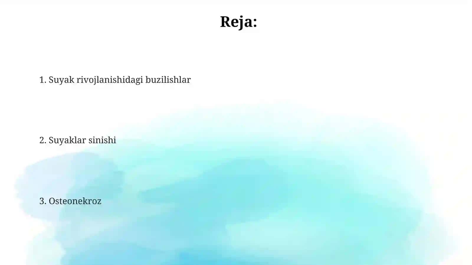 Tibbiyot fakulteti Stomatologiya - Mavzu: Suyaklarni rivojlanishini buzilishlari. Sinishlar. Osteonekroz 2