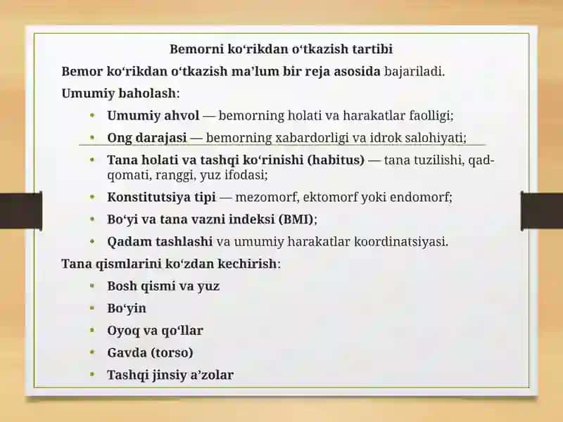 Bemorni mustaqil ko’zdan kechirish 2