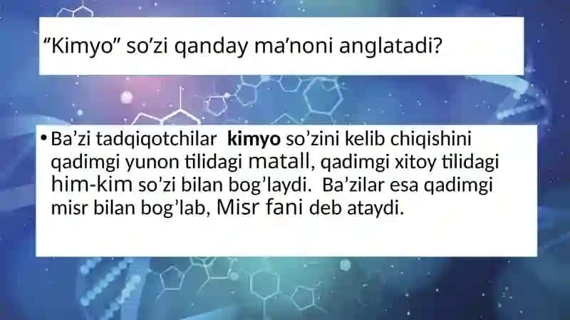 Kimyo fani va uning vaziflari mavzusida taqdimot 7-sinf  yangi darslik asosida 2