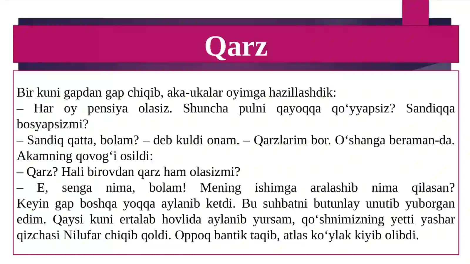 7-sinf O'zbek tili fanidan dars ishlanma. Adabiy o'qish 2