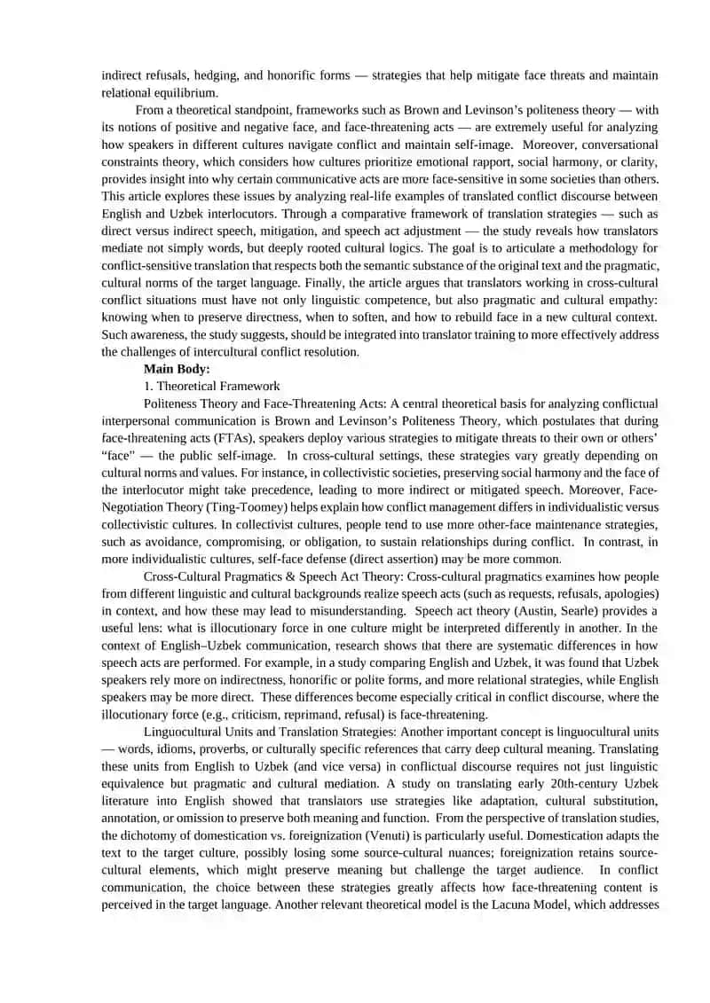 Linguocultural Differences in Interpersonal Communication Translation in Conflictual Communicative Situations between English and Uzbek 2