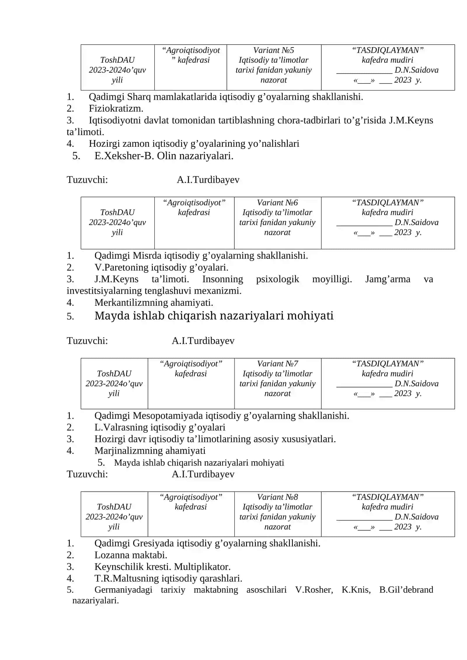 Iqtisodiy ta’limotlar tarixi nazorati 2