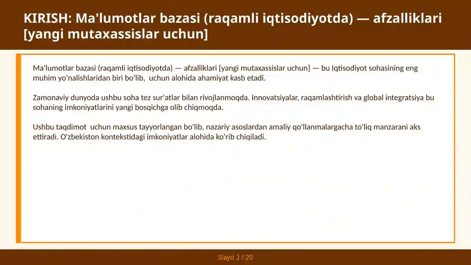 Ma'lumotlar bazasi (raqamli iqtisodiyotda) — afzalliklari [yangi mutaxassislar uchun] 2