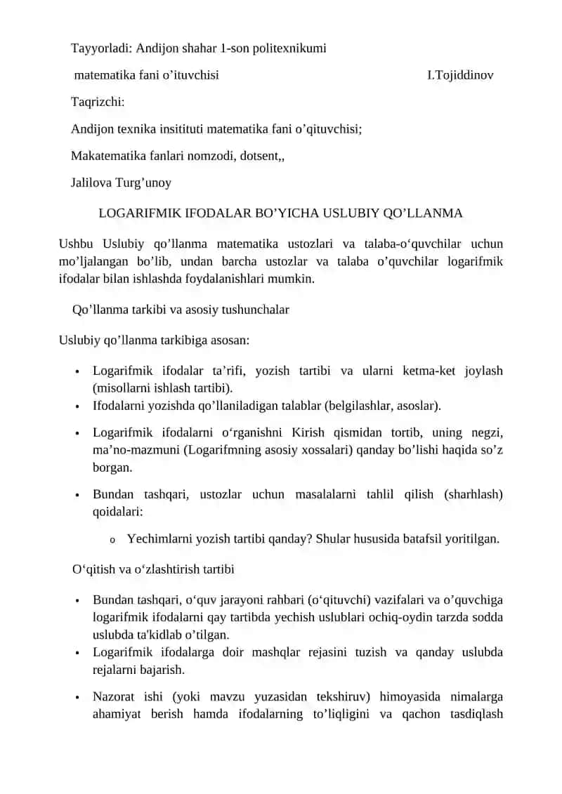 LOGARIFMIK IFODALAR BO’YICHA USLUBIY QO’LLANMA 2