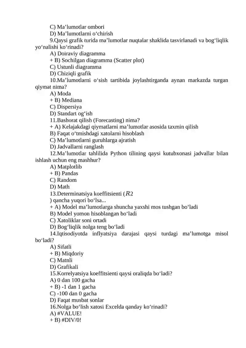 Iqtisodiyotda malumotlar tahlili 2026 test 300 ta 2