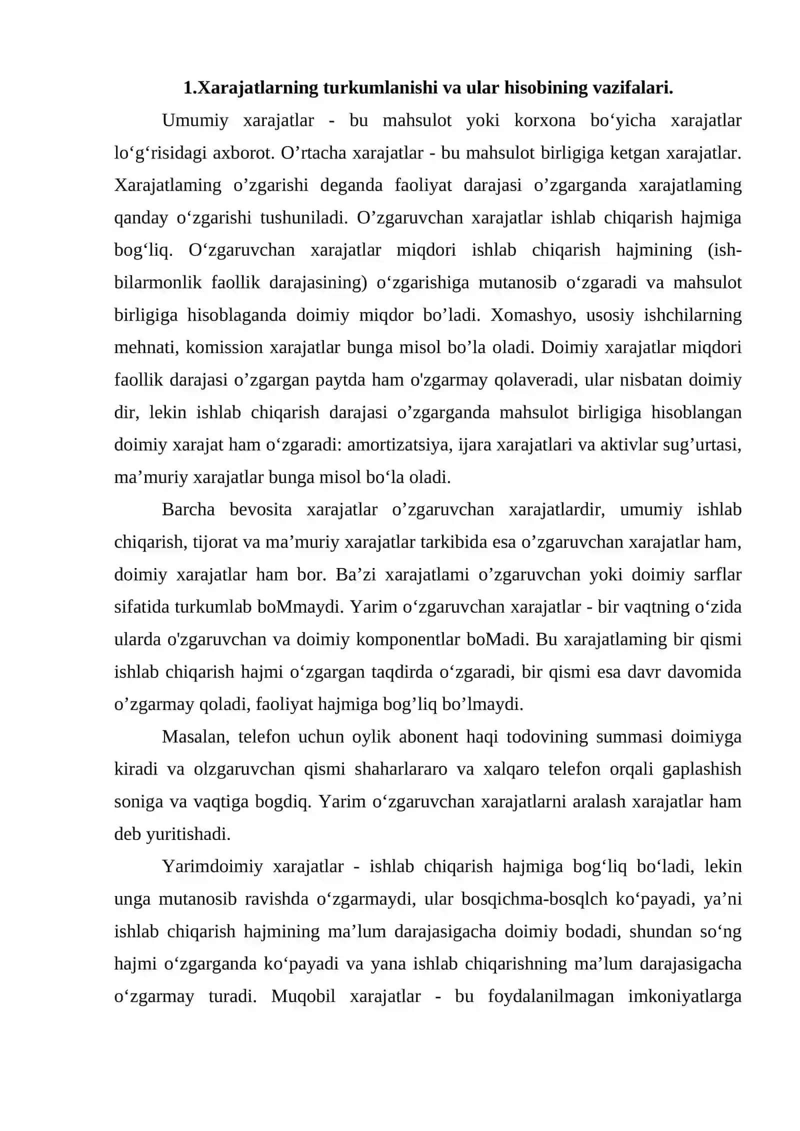 Xarajatlarning turkumlanishi va ular hisobining vazifalari 2