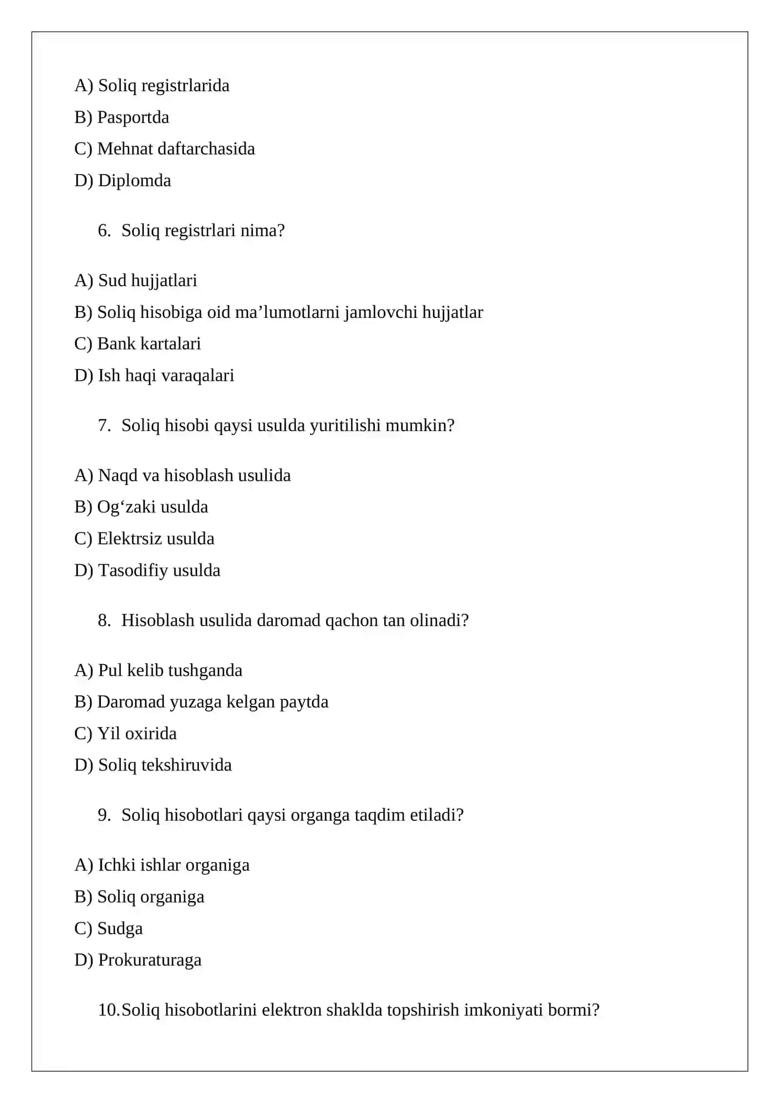 Soliq hisobi va uni yuritish tartibi test 2