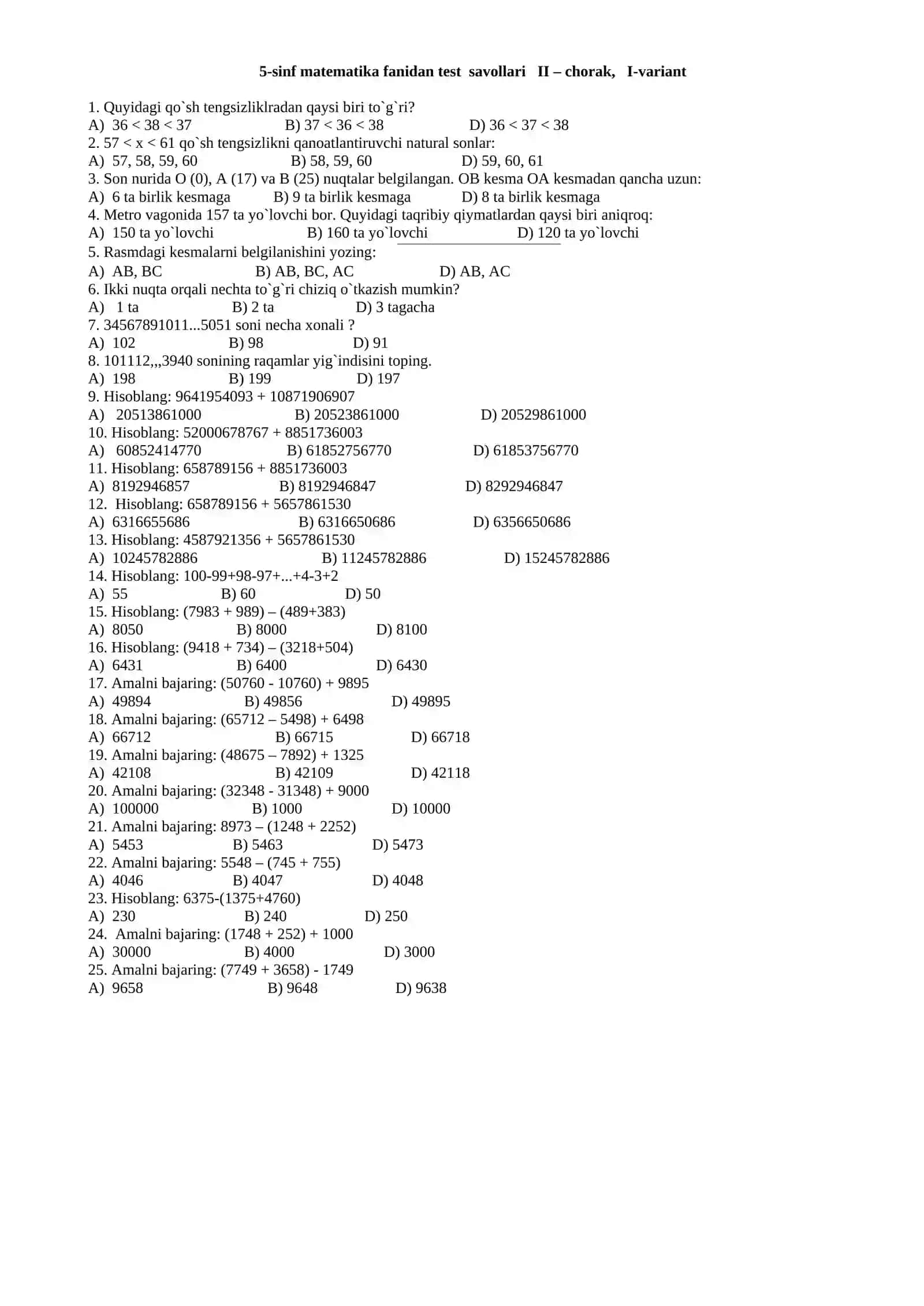 5-sinf matematika fanidan test savollari I – chorak, I-variant 2