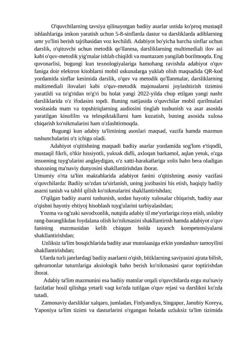 Umumiy o‘rta ta’lim maktablari adabiyot darsliklari ustida ishlash 2