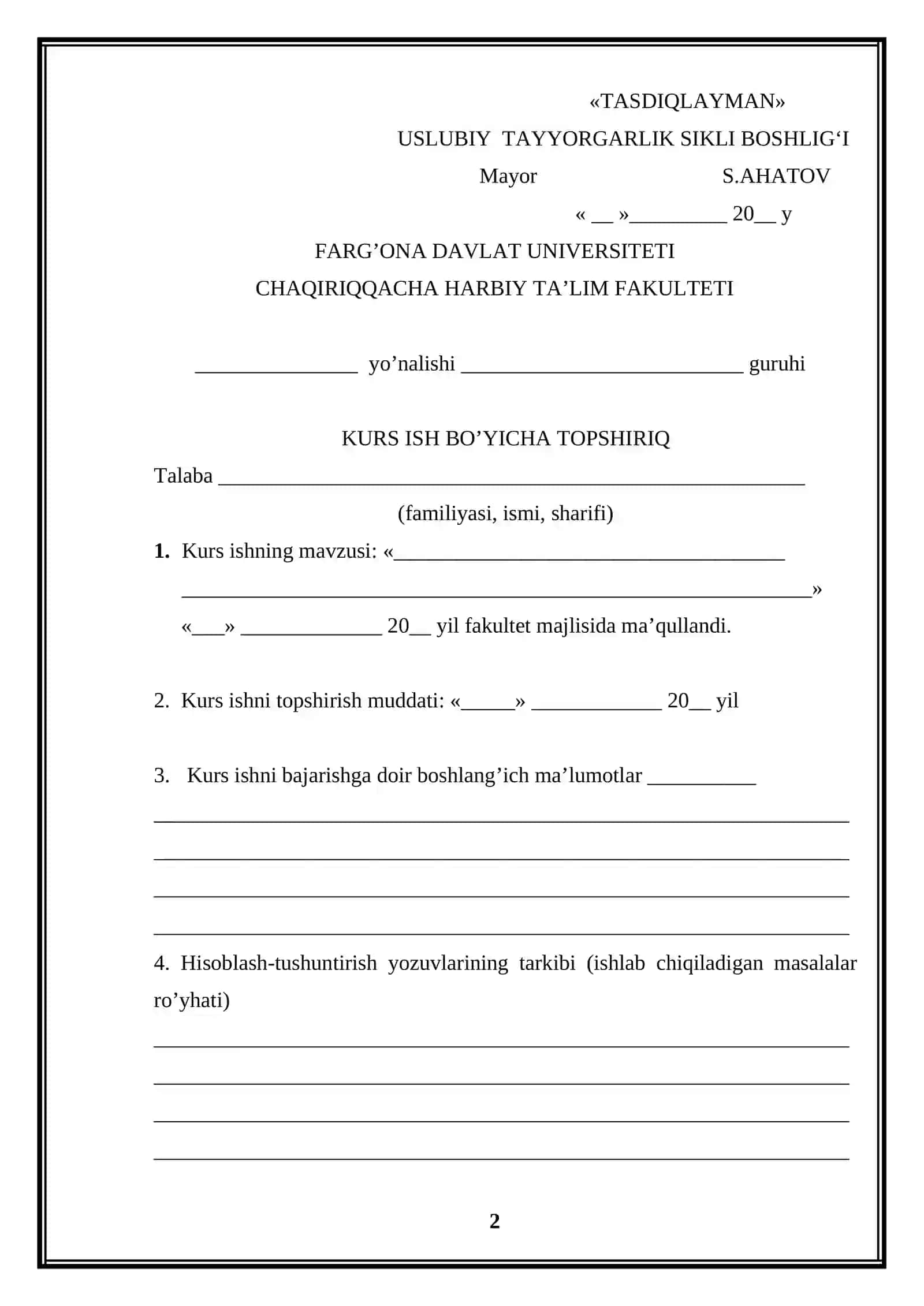 KURS ISH BO’YICHA TOPSHIRIQ 2
