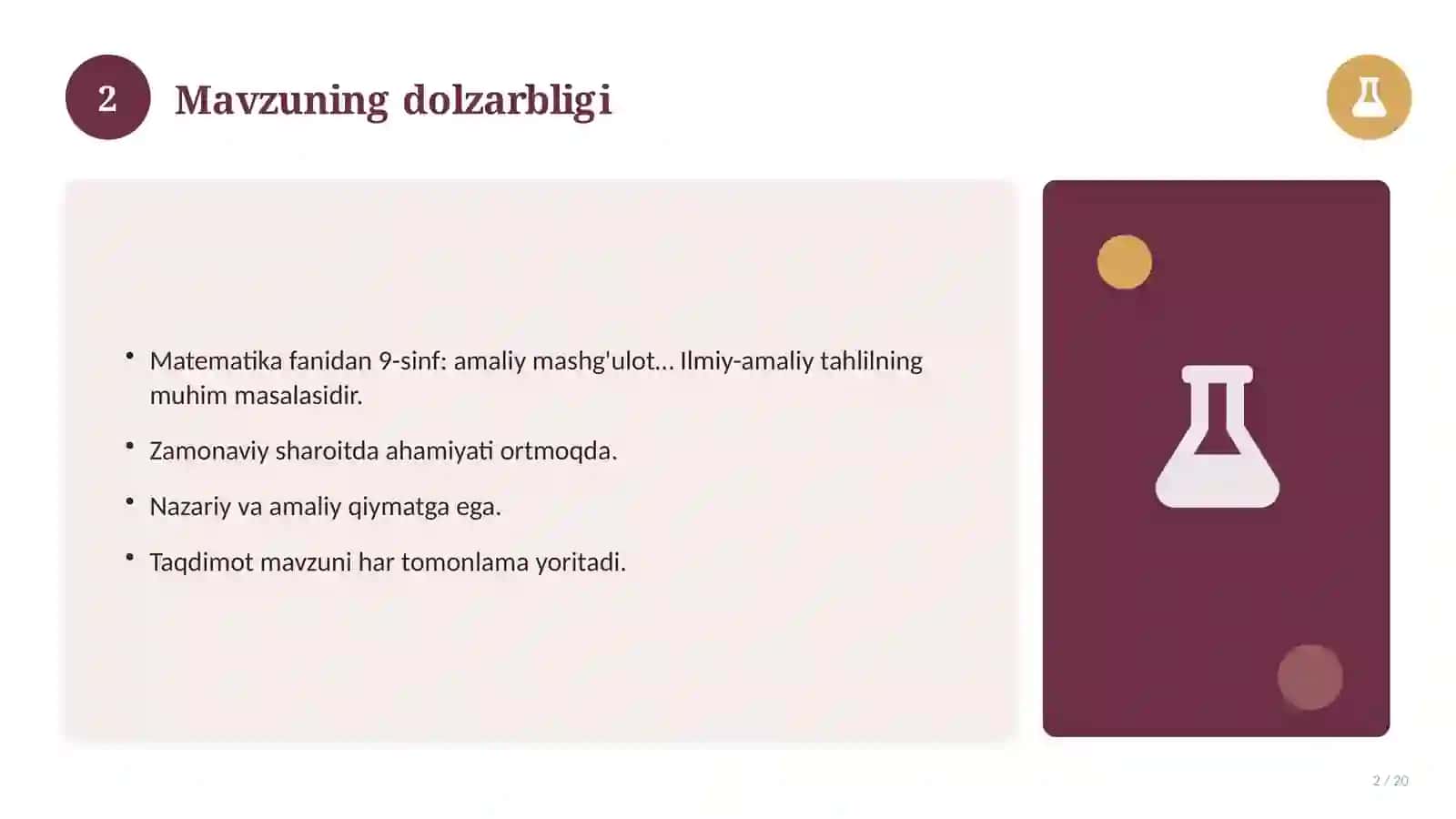 Matematika fanidan 9-sinf: amaliy mashg'ulot ishlanmasi 2