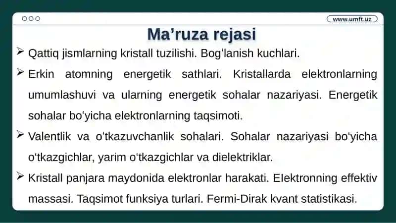Qattiqjismlarda elektronlarning energetik holatlari 2