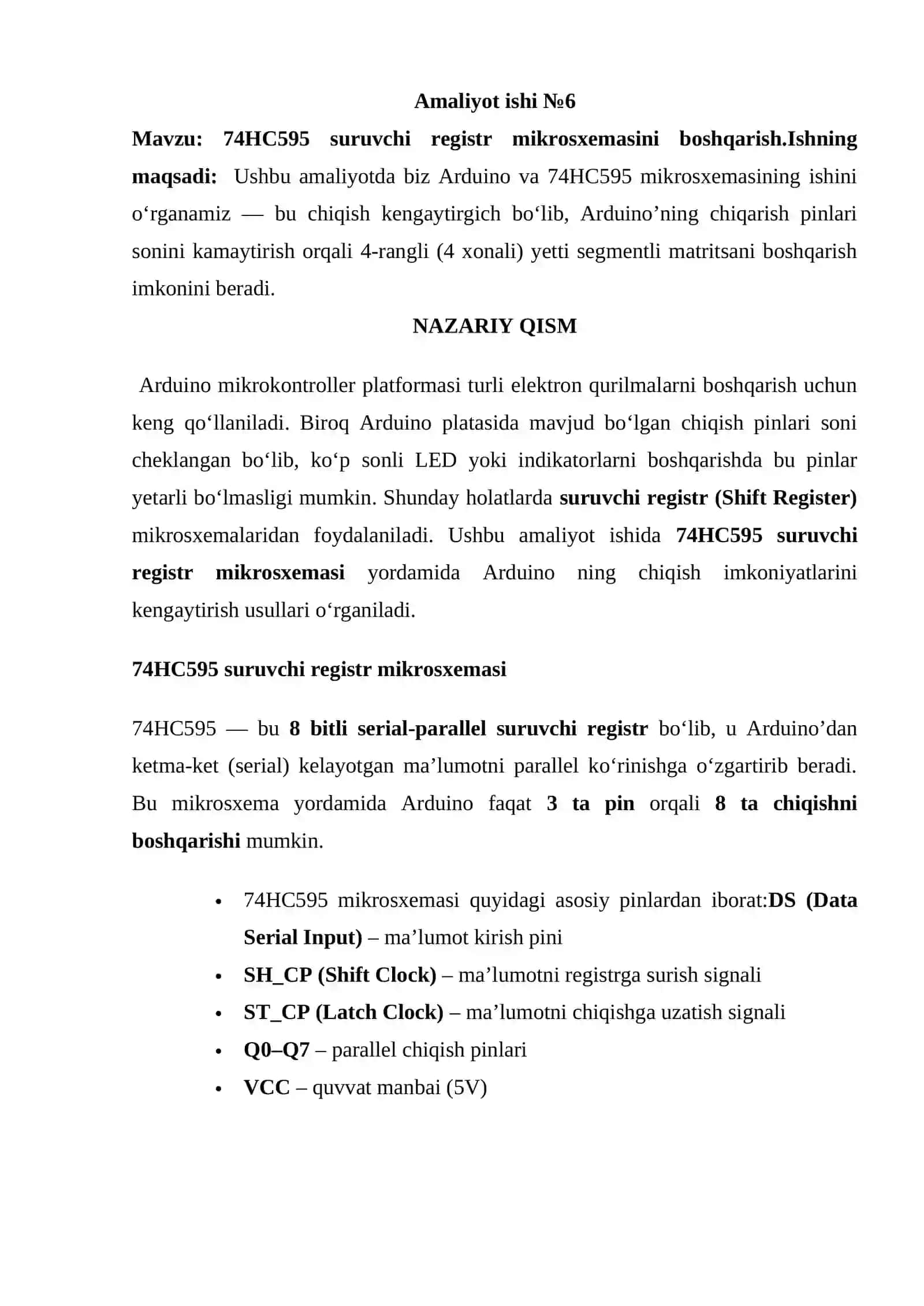 74HC595 suruvchi registr mikrosxemasi boshqarish 2