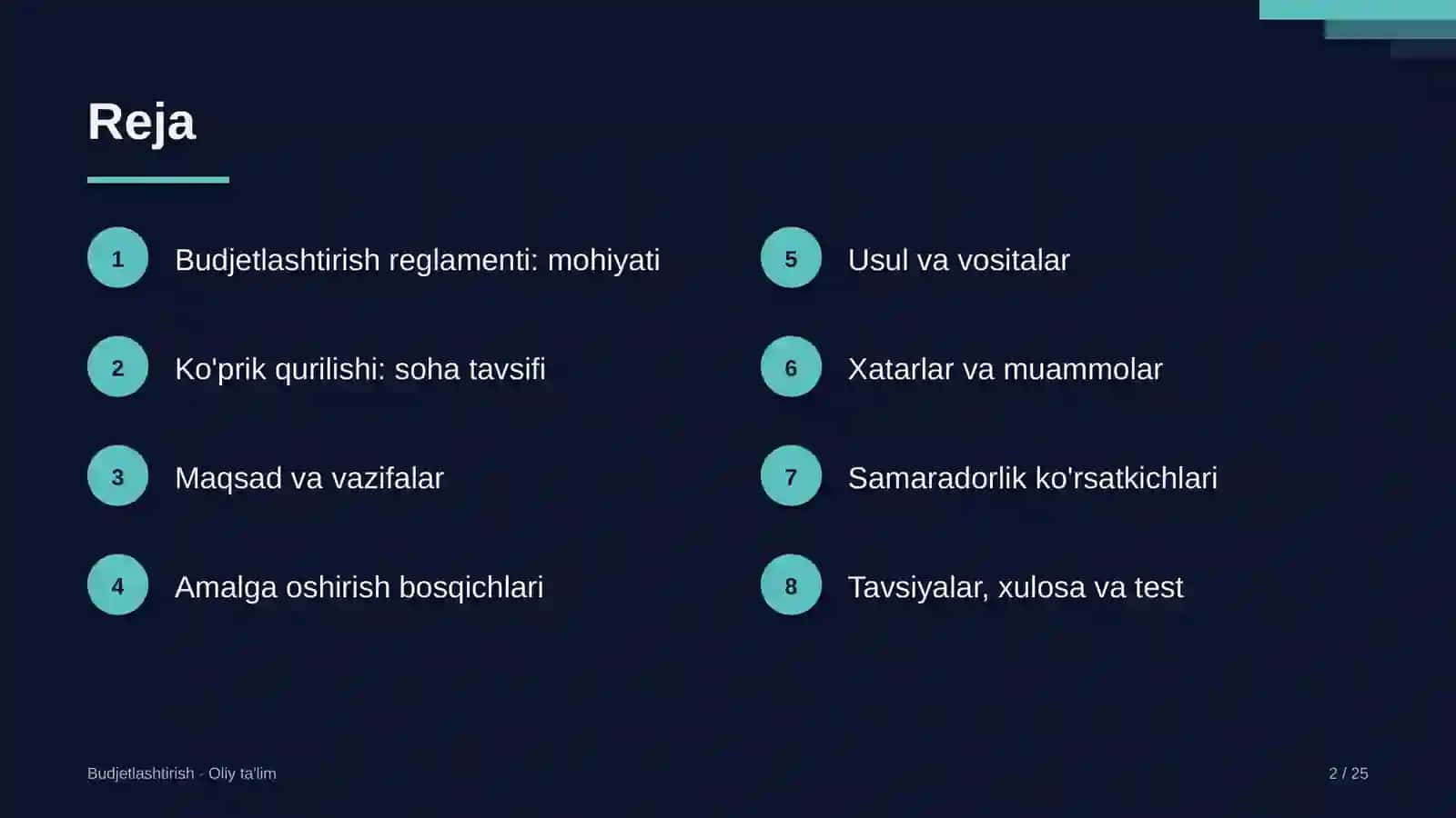 Ko'prik qurilishida budjetlashtirish reglamentini ishlab chiqish 2