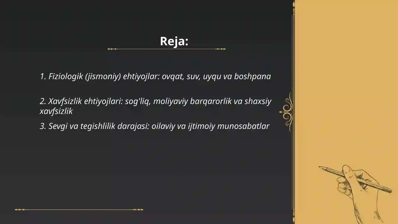Maslow piramidasi bo’yicha inson ehtiyojlarining 5 darajasi 2