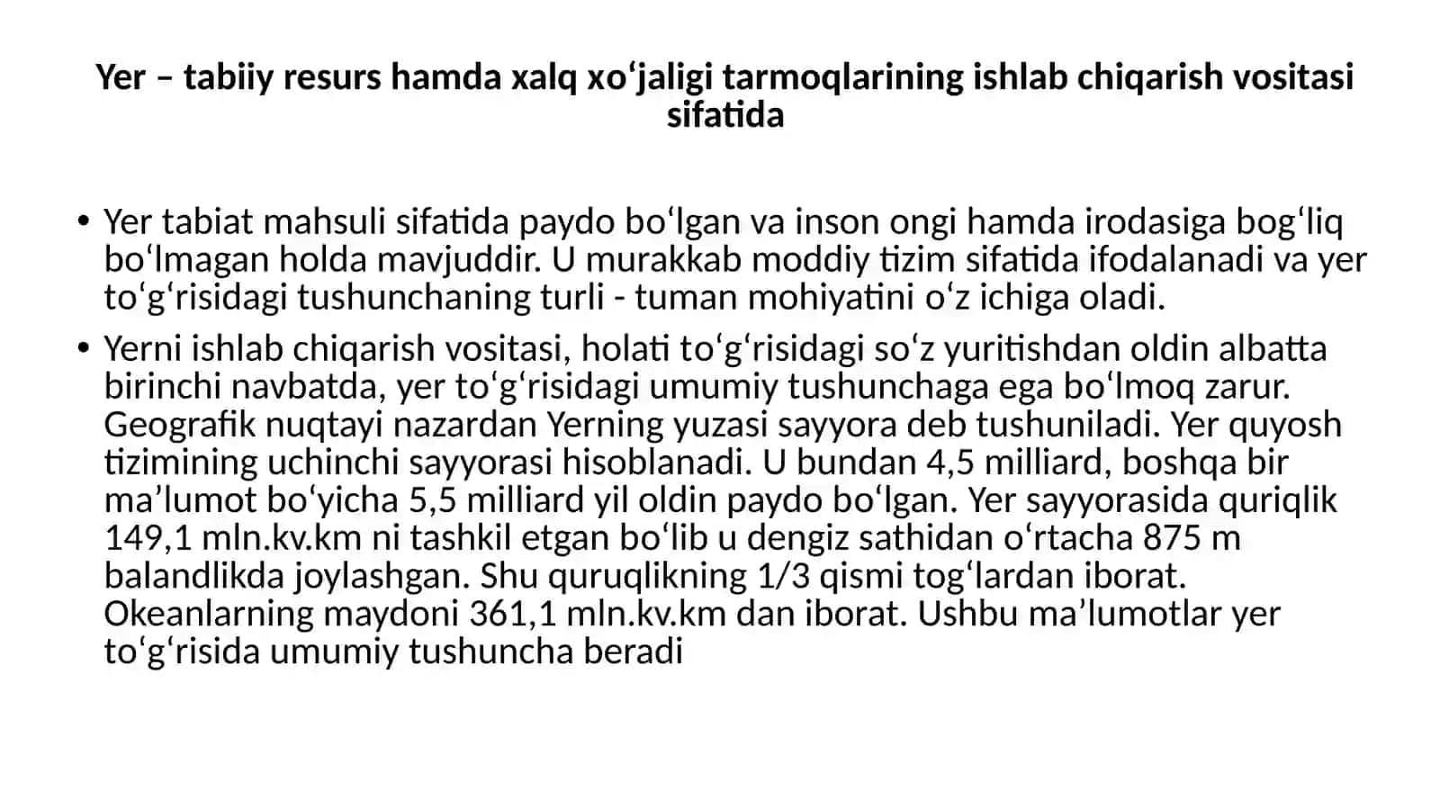Yer resurslarining e klanishi va o'z xususiyatlari 2