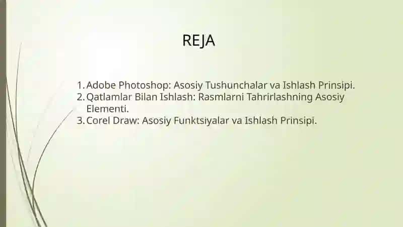 Adobe Photoshop dasturi va ishlash prinsipi. Adobe Photoshop dasturi yordamida rasmlarni qayta ishlash. Adobe Photoshop dasturida qatlamlar bilan ishlash, Adobe Photoshop dasturida filtrlar bilan ishlash, Adobe Photoshop dasturida harakatlanuvchi tasvirlar ho 2