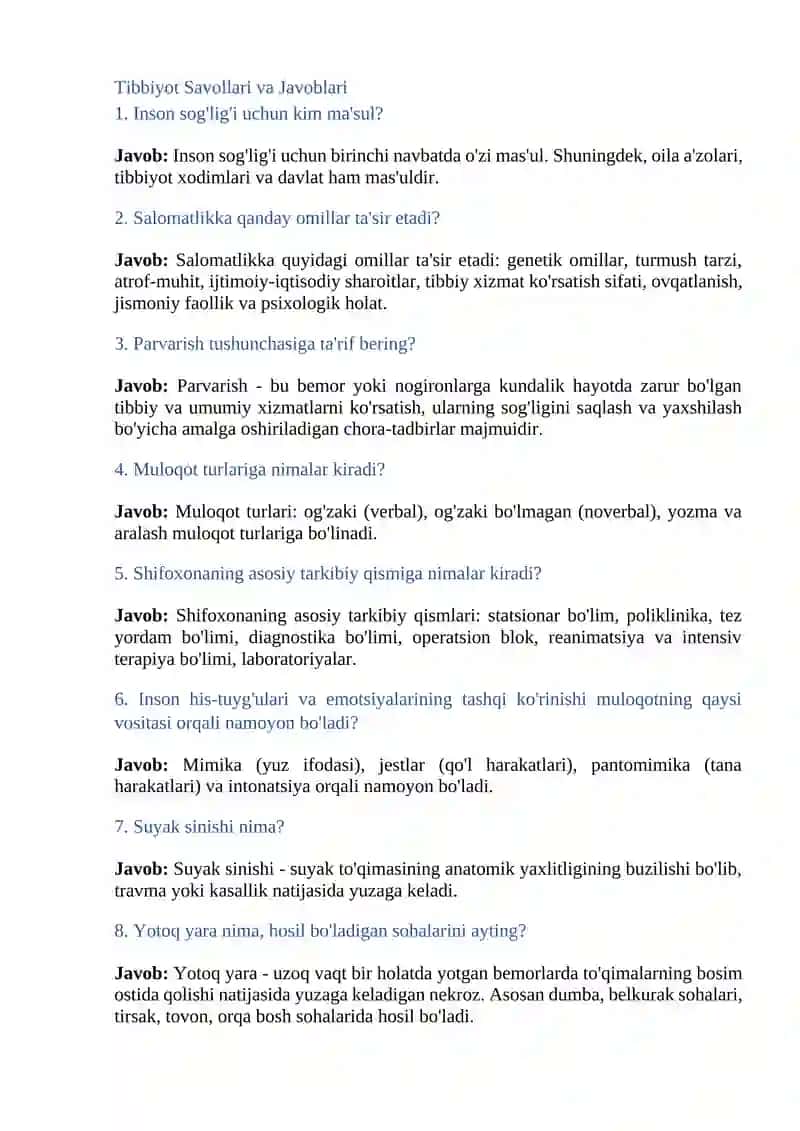 ARGOS TIBBIYOT HODIMLARI UCHUN ARGOS SUHBAT JAVOBLARI 2