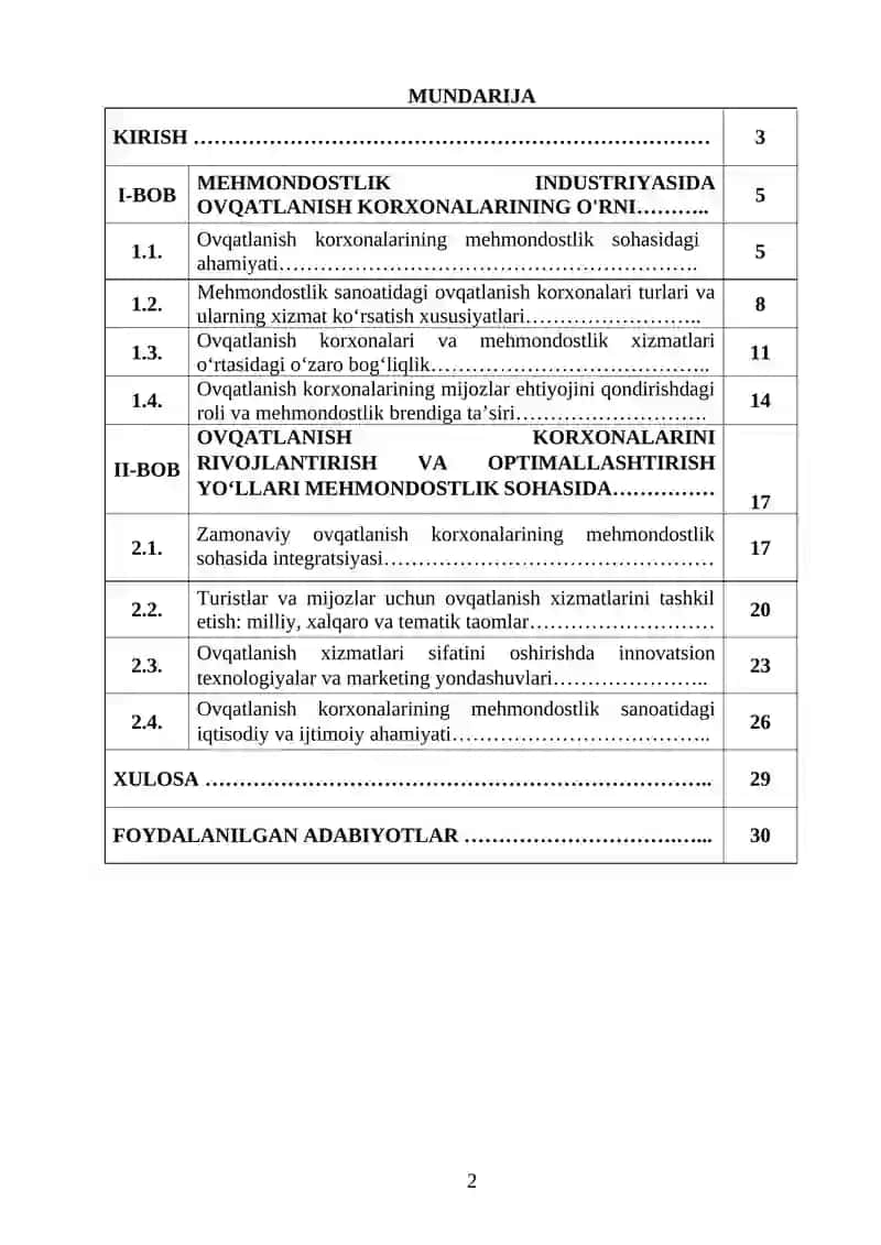 "MEHMONDOSTLIK INSTURIYASIDA OVQATLANISH KORXONALARINING O'RNI" MAVZUSIDA YOZGAN KURS ISHI 2