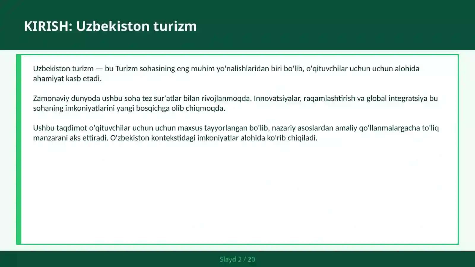 Uzbekiston turizm o'qituvchilar uchun 2