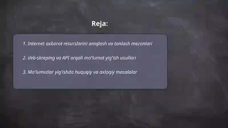 Internet axborot resurslaridan foydalanib sohaga oid axborotlar bazasini tuzish To'lqinov Muzaffar 2