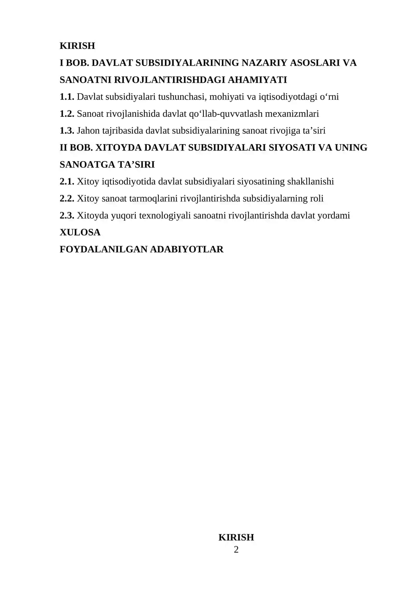Davlat subsidiyalari va sanoat rivojlanishi (Xitoy misolida) mavzusida tayyor kurs ishi 2