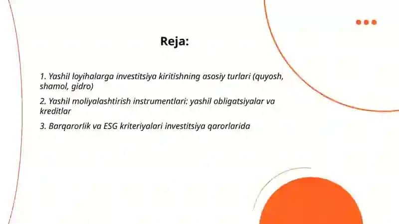 Yashil loyihalarga investitsiya kiritish 2
