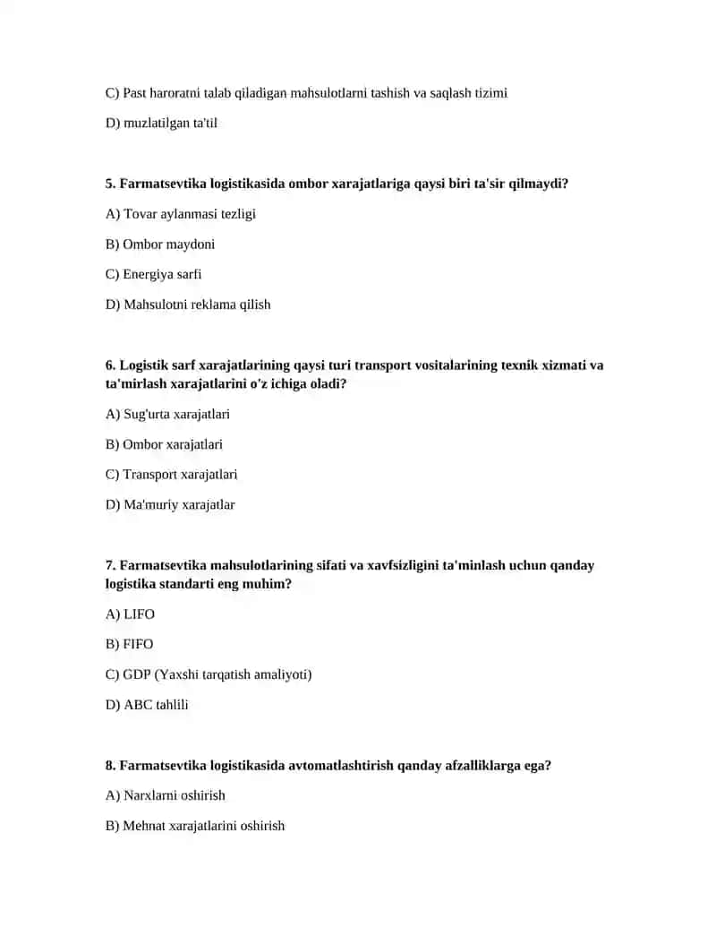 Farmatsevtika logistikasi savollari 2