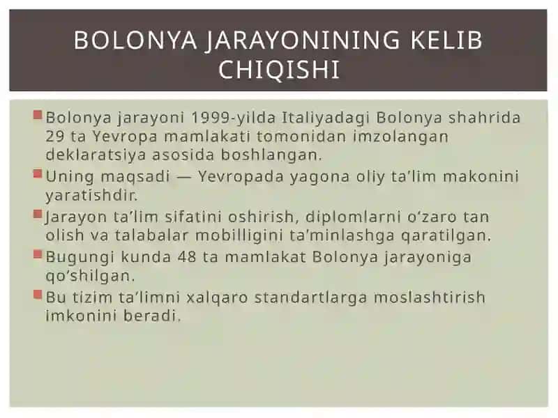 Bolonya jarayoni va uning ta’limni modernizatsiyalashdagi roli 2