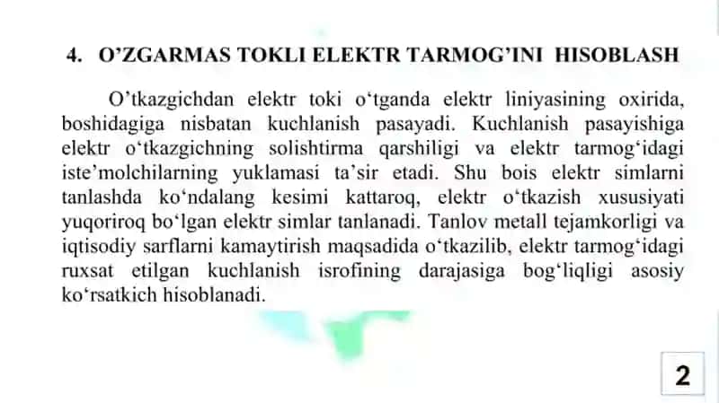 O’ZGARMAS TOKLI ELEKTR TARMOG’INI HISOBLASH 2