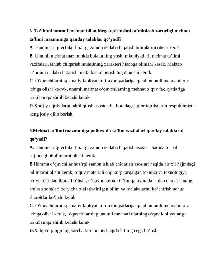 TEXNALOGIK TA’LIM METODIKASIDAN YAKUNIY NAZORAT TEST SAVOLLARI 2
